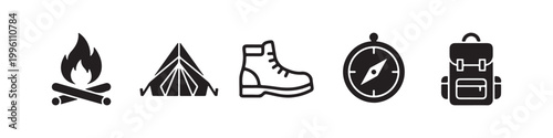 Vector icons of outdoor hiking gear in a minimalist style, featuring a trekking boot, campfire, rugged backpack, compass, and tourist tent