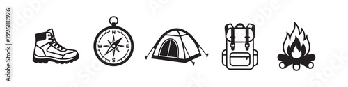 Vector icons of outdoor hiking gear in a minimalist style, featuring a trekking boot, campfire, rugged backpack, compass, and tourist tent