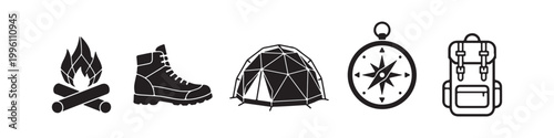 Vector icons of outdoor hiking gear in a minimalist style, featuring a trekking boot, campfire, rugged backpack, compass, and tourist tent