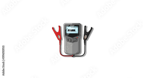 Portable car battery charger with red and black clamps isolated on white background.