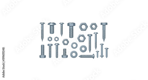 Various metal fasteners including screws, bolts, nuts, and washers on white background.