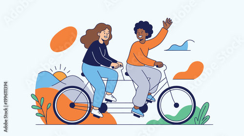 Vibrant Illustration of Two Friends Joyfully Riding a Bicycle Together in a Colorful Landscape