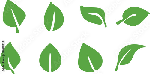 Collection of eight green leaf icons representing nature and eco friendly concepts with leaf shape white background vein environment wellness minimalist isolated abstract