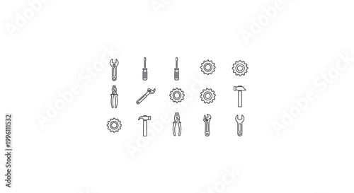 Set of black and white icons representing various tools and repair equipment.