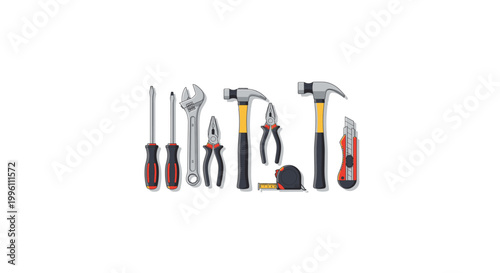Set of various hand tools including screwdrivers, wrenches, pliers, and hammers isolated on white background.