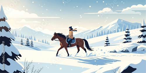 A beautiful woman rider in equestrian saddle enjoys horse riding through the deep snow of winter mountains under a clear sky