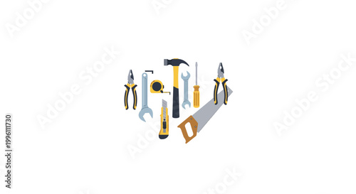 Set of various hand tools including hammer, saw, wrench, screwdriver and pliers arranged in a circle.