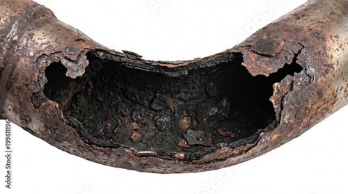 Corroded automotive exhaust pipe with large jagged holes and thick carbon soot lining isolated on a white background