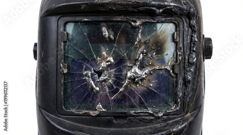 Damaged welding helmet with cracked glass visor and hardened melted metal slag splatters isolated on a white background