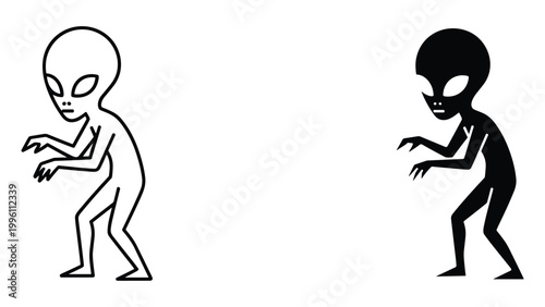 A black and white illustration of two alien creatures standing side by side in a neutral background