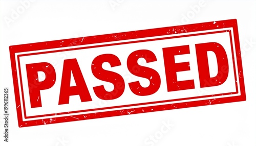 Red PASSED stamp impression, approval and official success symbol in bold distressed design