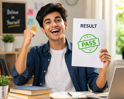 Happy student celebrating exam result success holding pass sign education achievement concept image
