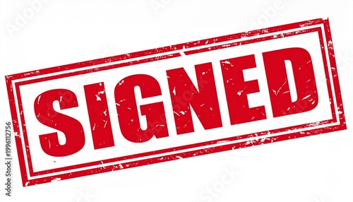 Red SIGNED stamp impression, authorization and official approval symbol in bold distressed design