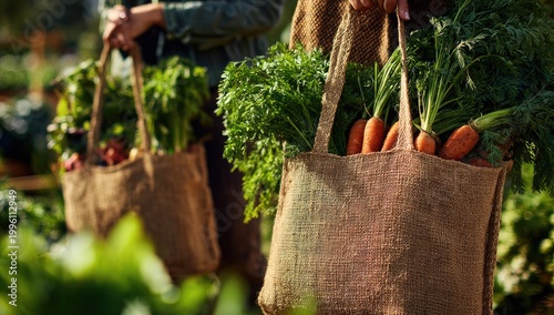 Freshly Harvested Organic Vegetables in Reusable Shopping Bags.