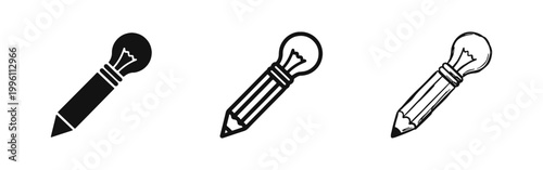 Creative Idea Pencil with Light Bulb Icon Set
