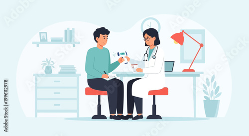 Doctor examining patient, taking temperature, medical consultation in clinic office