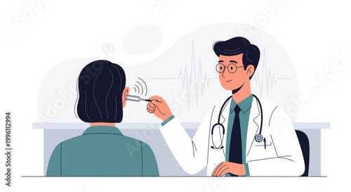 Doctor examining patient's ear with otoscope, hearing test, medical check-up