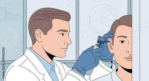 Doctor examining patient's ear with otoscope in modern clinic, audiology exam