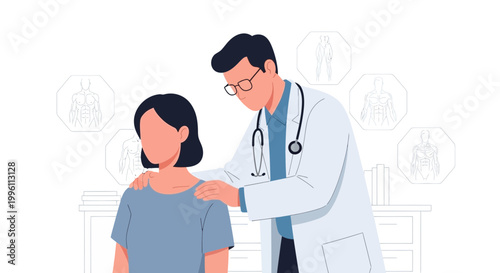 Doctor examining patient's shoulder, medical consultation, healthcare checkup, doctor's office illustration