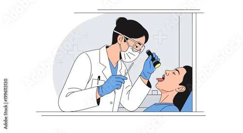 Doctor examining patient's throat with flashlight in clinic, medical checkup, healthcare concept