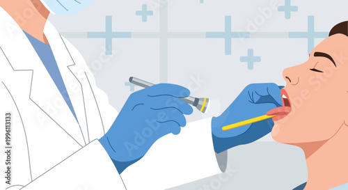 Doctor examining patient's throat with light and swab, medical checkup concept