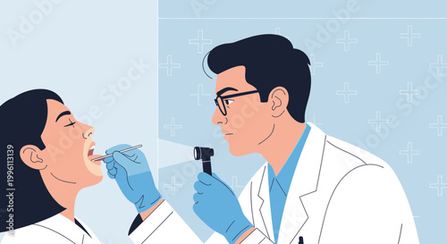 Doctor examining patient's throat with otoscope, medical check-up, healthcare concept