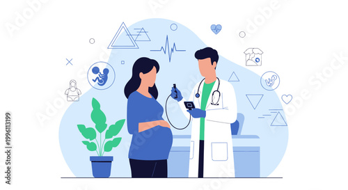 Doctor examining pregnant woman with ultrasound device, medical checkup, healthcare concept