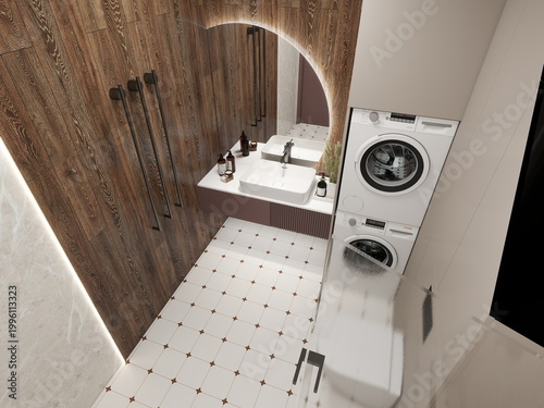 Modern bathroom-laundry with stacked white washer-dryer, wall-mounted white sink, backlit arched mirror, tall cabinets with black handles, dark wood panels, marble wall, white floor tiles with brown d