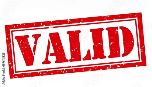 Red VALID stamp impression, approval and verification symbol in bold distressed design