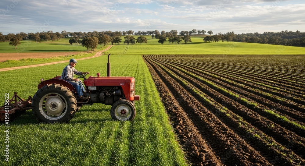 Fototapeta premium Farmer Driving Tractor Through Lush Green Field Cultivating Soil.