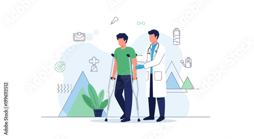 Doctor helping patient walk with crutches, physical therapy, rehabilitation, recovery