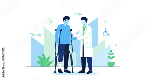 Doctor helping patient with crutches and bandaged leg, physical therapy and recovery concept