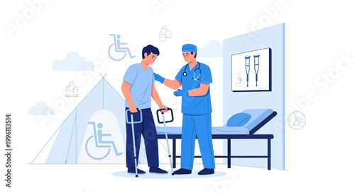 Doctor helping patient with crutches in rehabilitation clinic, medical care concept