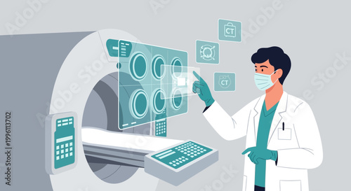 Doctor interacting with futuristic CT scan interface, advanced medical technology