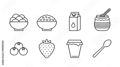 Breakfast Food and Healthy Ingredients Line Icons Set with Yogurt, Honey, Strawberry, Milk, Blueberries, Cereal, Porridge and Spoon Vector Symbols