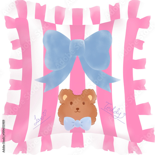 Cute Pink Pillow Teddy Bear And Ribbon Clipart