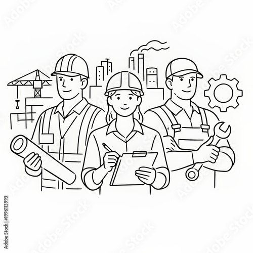 Construction professionals line art illustration with engineer and workers