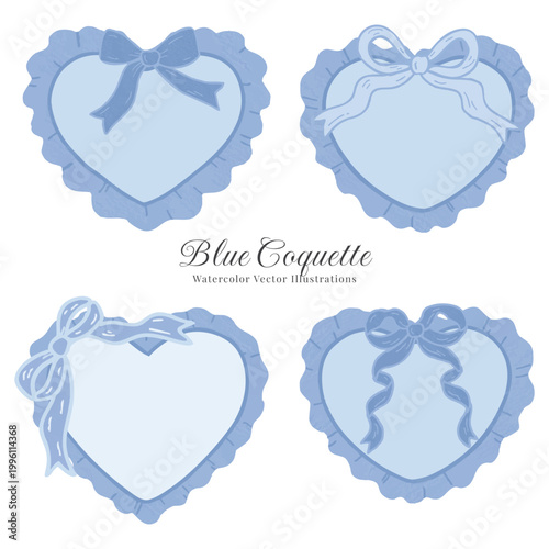 Blue coquette heart frame with whimsical bow vector illustrations