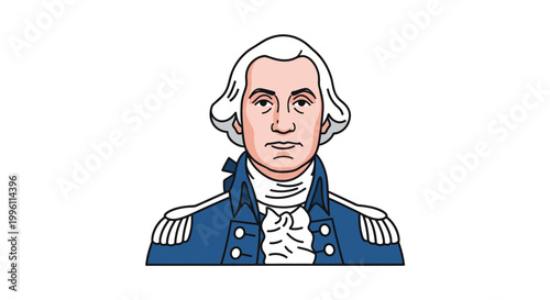 Illustration of a historical figure resembling George Washington in colonial military attire.