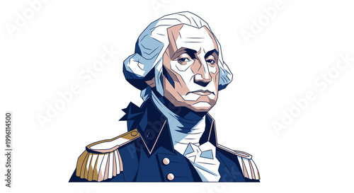 Stylized vector portrait of George Washington in historical military uniform.
