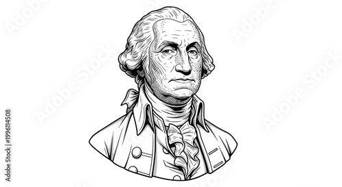 Detailed black and white illustration of George Washington portrait.