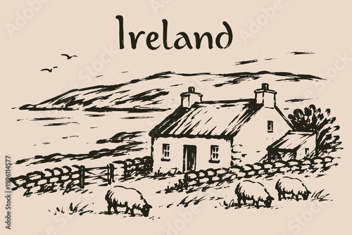 Irish cottage landscape vintage ink vector illustration
