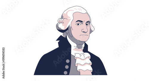 Illustration of a historical figure resembling a colonial American leader in traditional 18th century attire.