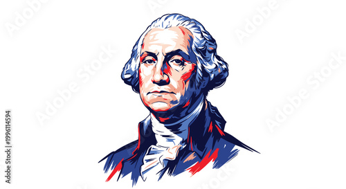 Illustration of George Washington in patriotic red white and blue colors.