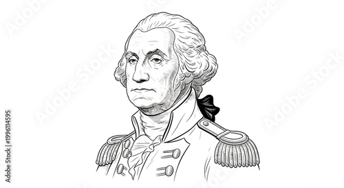 Detailed black and white sketch of George Washington in military uniform.