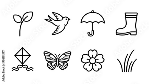 Spring Nature Line Icons Collection with Sprout Bird Umbrella Rain Boot Kite Butterfly Flower and Grass Outlines for Seasonal Concept Design