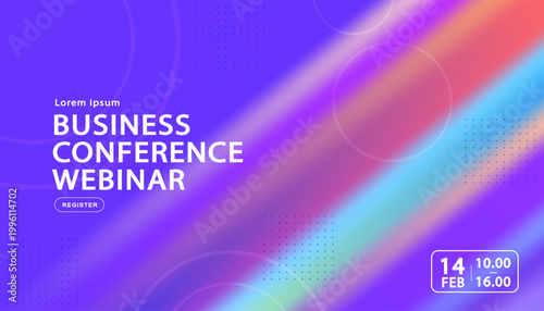 Professional webinar announcement featuring vibrant purple background with iridescent diagonal light beam designed for global technology summits and creative branding events