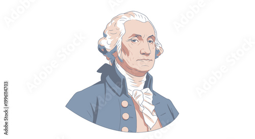 Illustration of a historical figure resembling a colonial American leader in traditional 18th century attire.