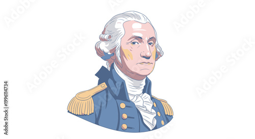 Illustration of a historical figure in colonial military uniform with white hair.