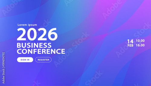 Professional announcement banner featuring elegant blue-violet gradient wavy layers on a soft background designed for global business summits leadership workshops and corporate branding events